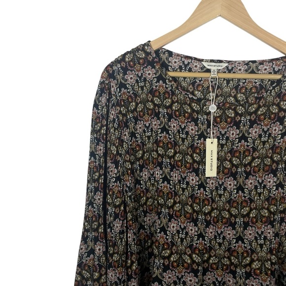 NWT Max Studio Pleated Plisse Floral Bell Sleeve Blouse Brown/Pink Size 1X - Picture 6 of 12